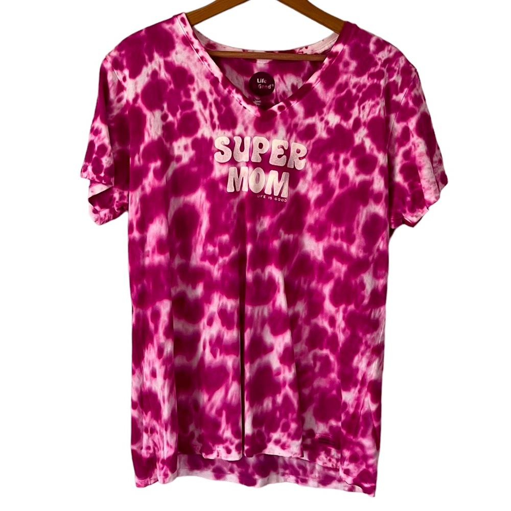 Life Is Good Crusher Tee Short Sleeve “Super Mom” Pink Tie Dye Size Large